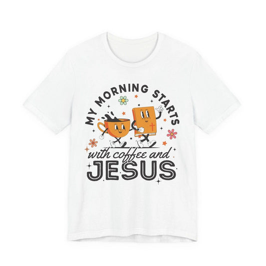 Unisex Wrapped in Jesus T-shirt My Morning Starts with Coffee and Jesus .