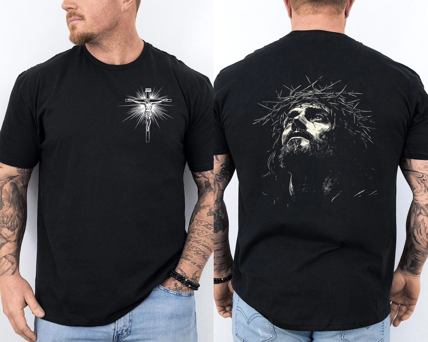 Jesus Christ Face With Crown Of Thorns Cross Faith Retro Front & Back T-Shirt