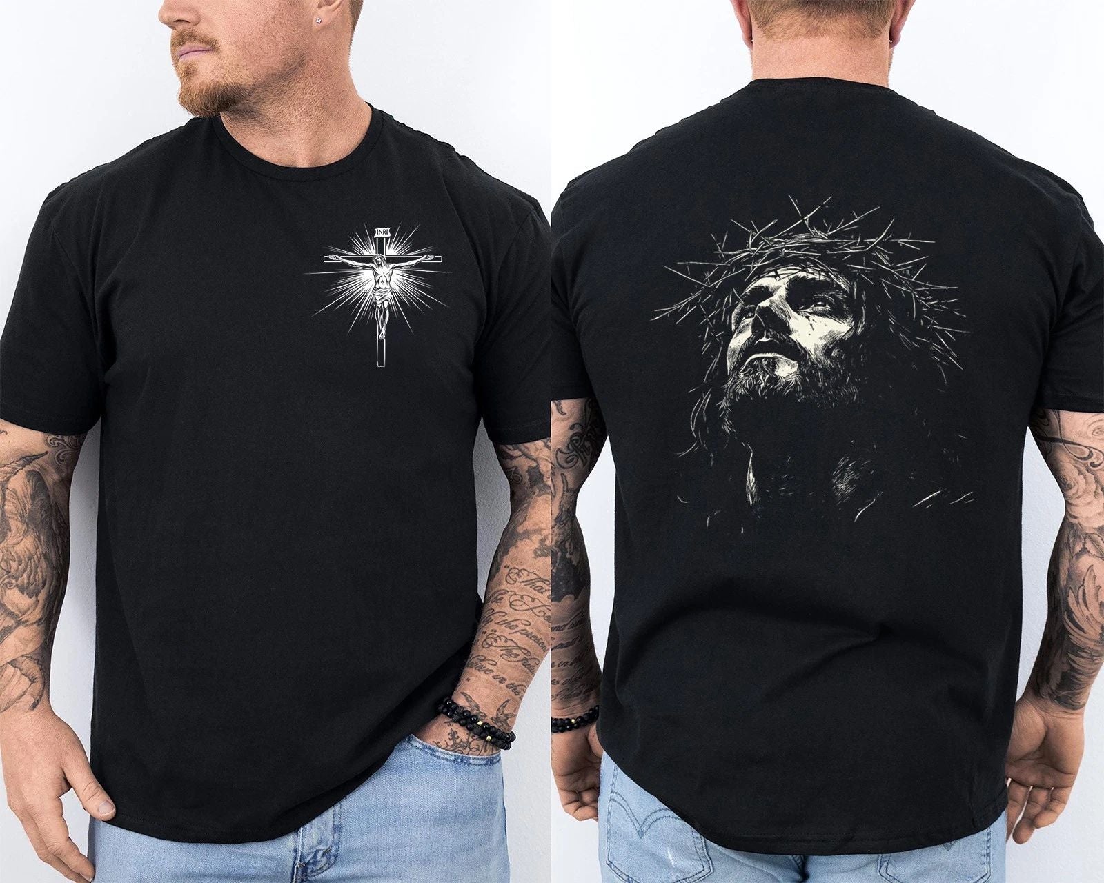 Jesus Christ Face With Crown Of Thorns Cross Faith Retro Front & Back T-Shirt