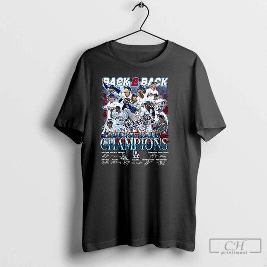 Classic Los Angeles Dodgers 2025 National League Champions Back 2 Back Signature T Shirts
