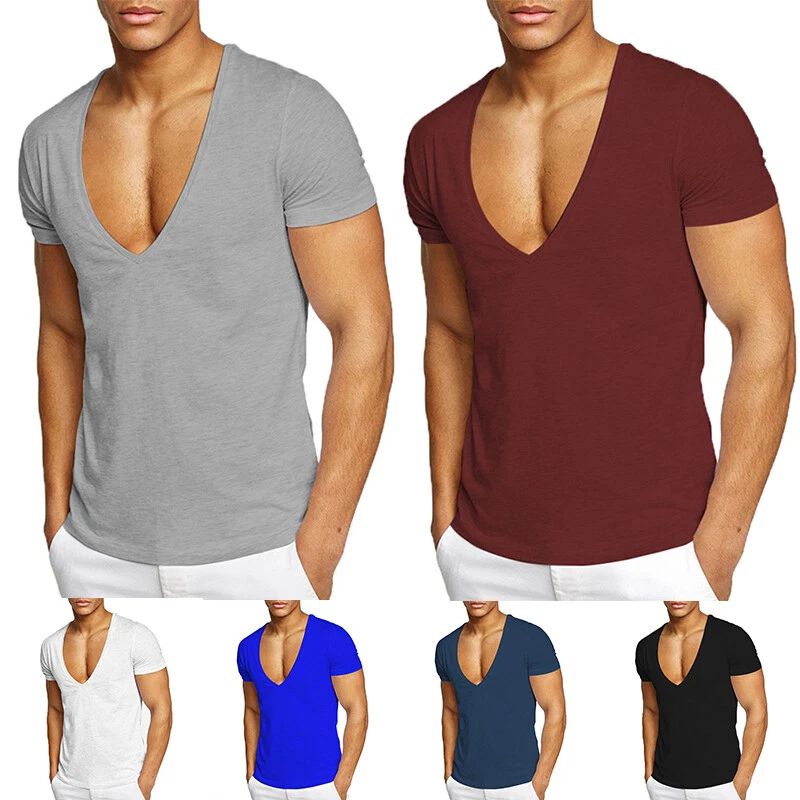 Cotton Mens Short Sleeve Deep V Neck T Shirt Slim Fit Clubwear Office Tops M-2XL