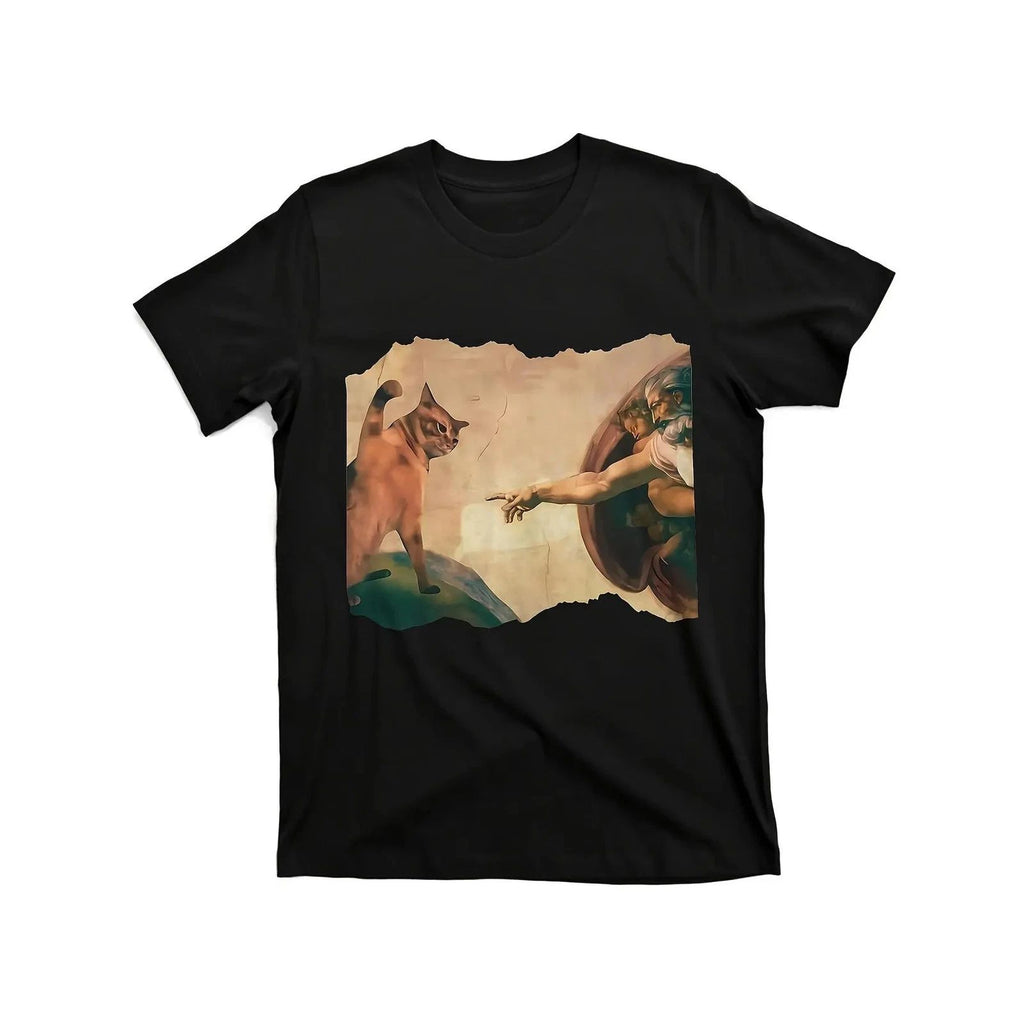 Funny Cat Swatting God's Hand Parody Art "The Divine Swipe" T-Shirt Humorous MEN