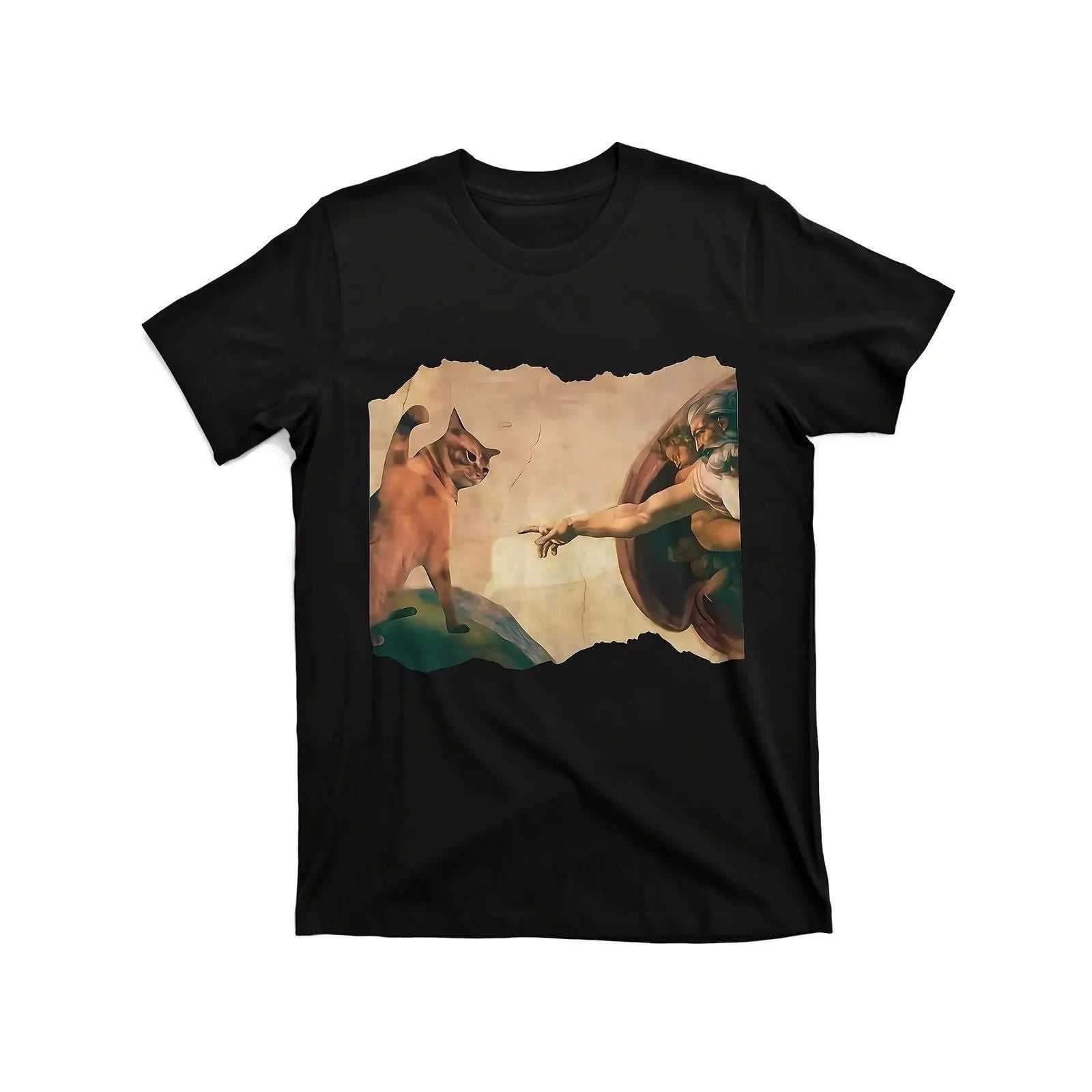 Funny Cat Swatting God's Hand Parody Art "The Divine Swipe" T-Shirt Humorous MEN