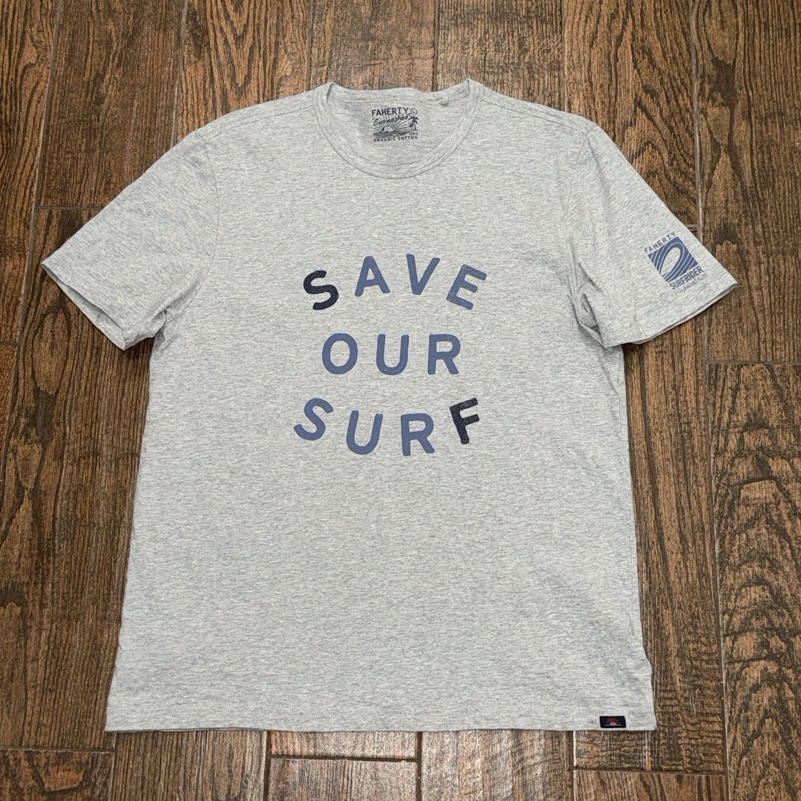 Faherty Brand Mens Sunwashed Organic Cotton Grey Save Our Surf T Shirt Large