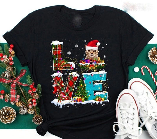 Merry Christmas Cat Lover Heavy Cotton Black Full Size Men Women Shirt MC610
