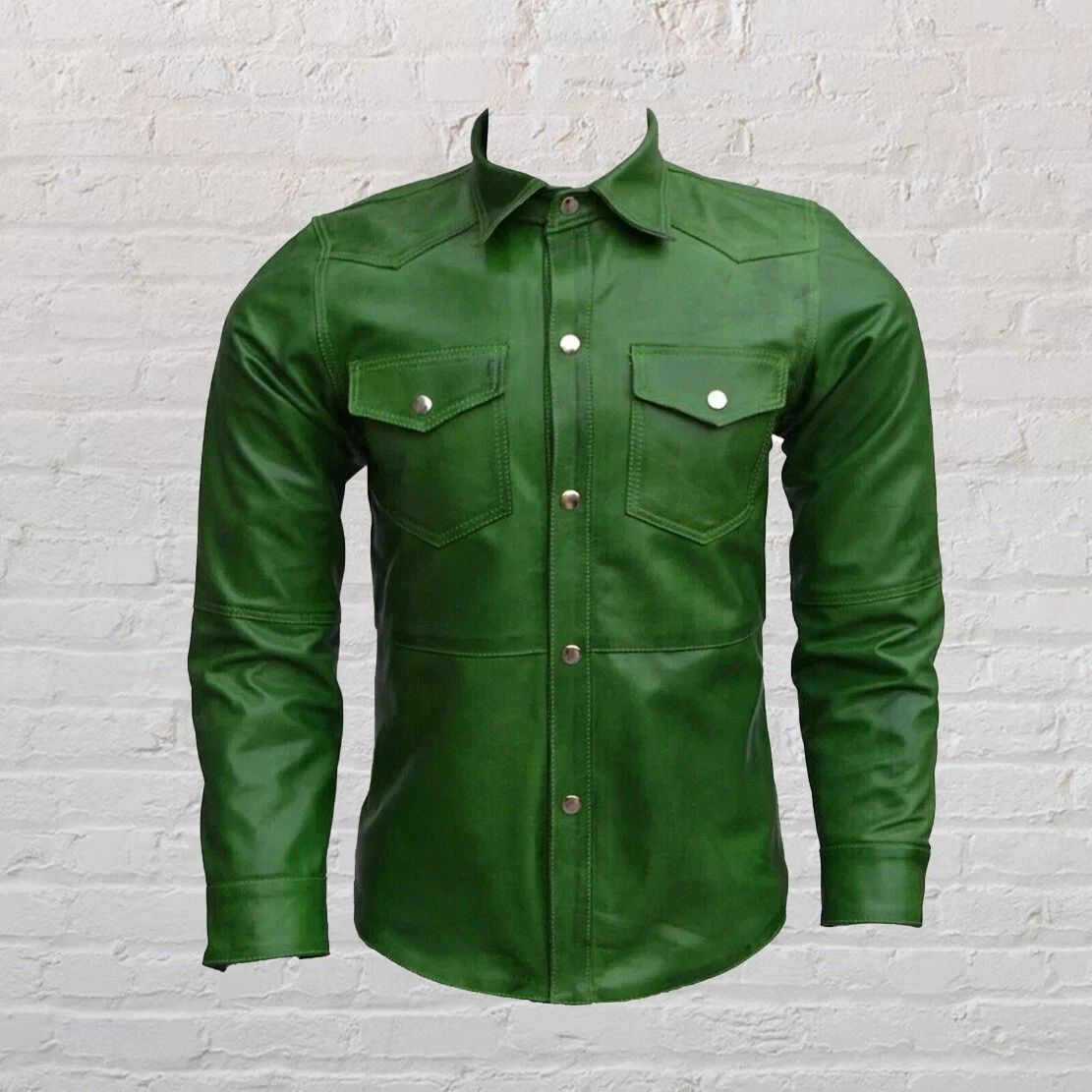 Men's Authentic Green Lambskin Leather Premium Shirt Jacket Stylish Soft Shirt