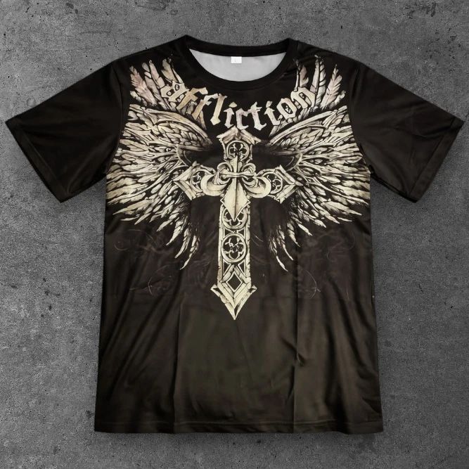 Mens Affliction Style Angel Wings Cross T Shirt Black Grunge Streetwear S-2XL