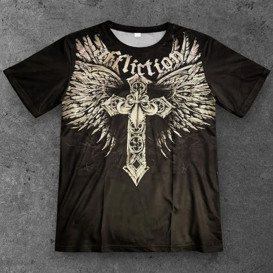 Mens Affliction Style Angel Wings Cross T Shirt Black Grunge Streetwear S-2XL