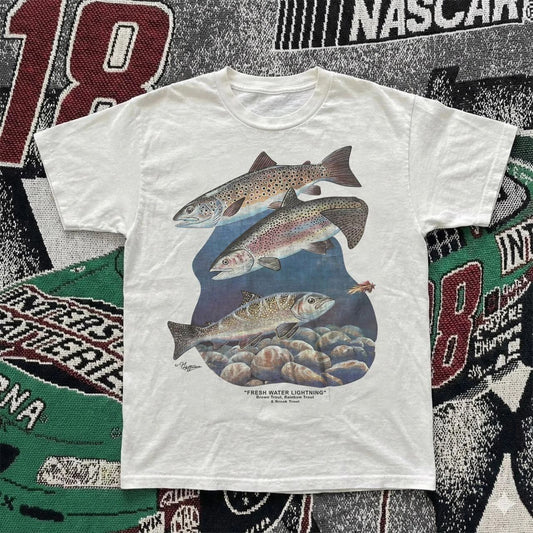 Vintage Style 90s Trout Fresh Water Lightning Angler Fly Fishing T Shirt