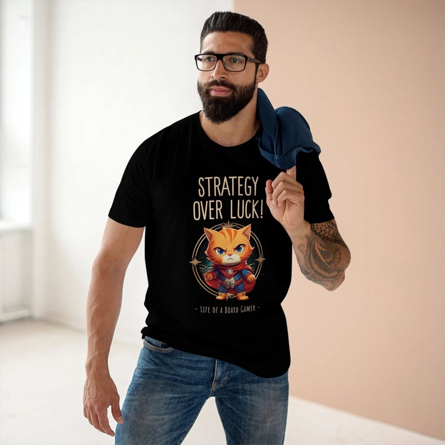 Strategy Over Luck! Space Cat Adult T-Shirt Board Gamer