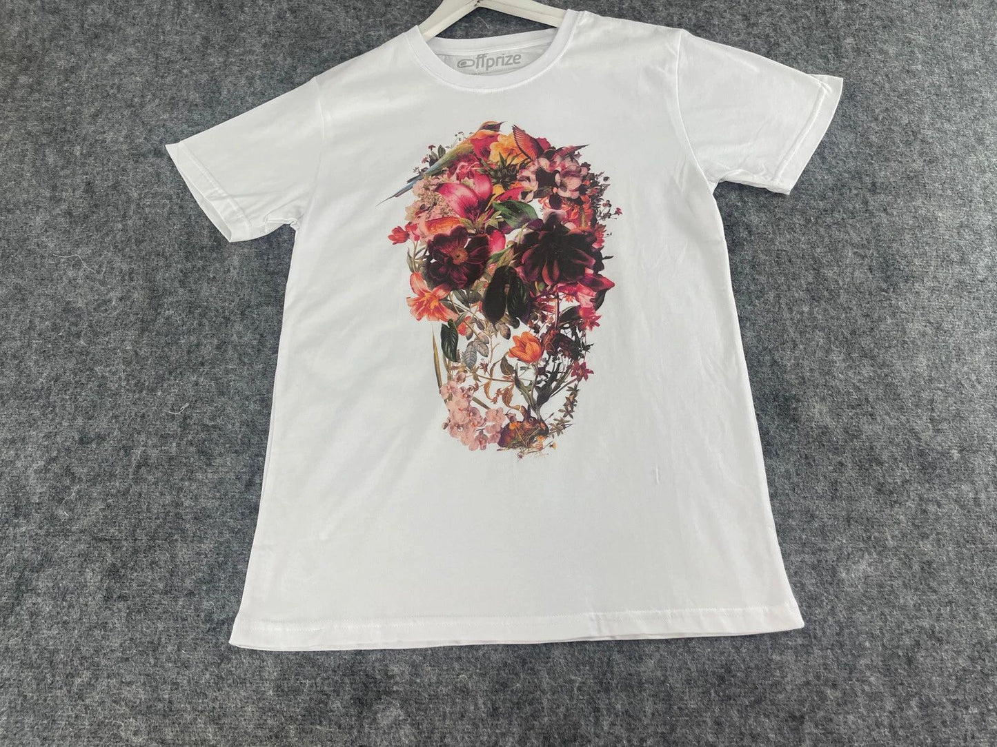 Off Prize Shirt Mens Medium Skull Print Floral Tee White Slim Fit Bird N119