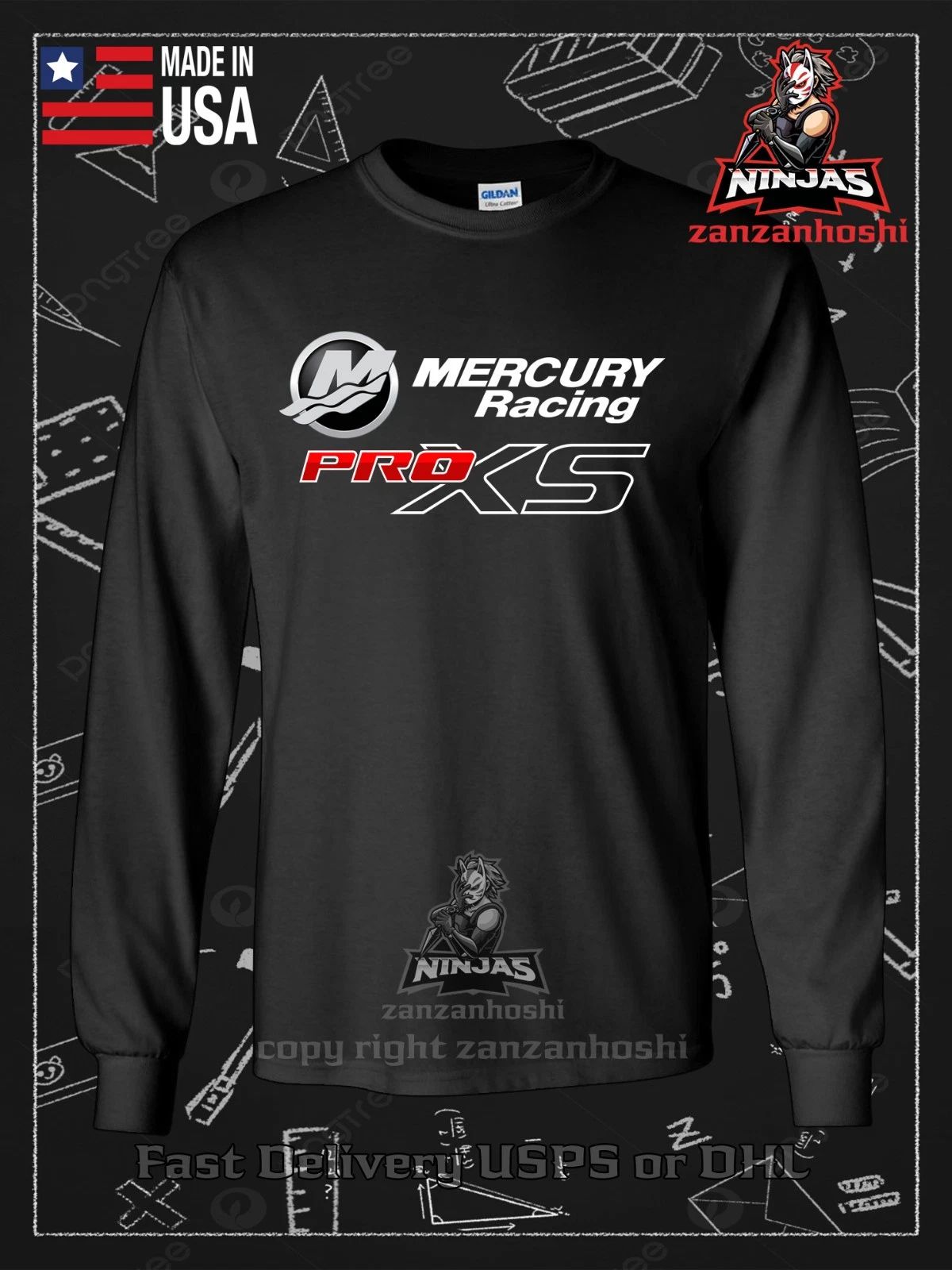 New Mercury Pro XS outboard Logo Men's Long Sleeve T-Shirt American Size T-Shirt