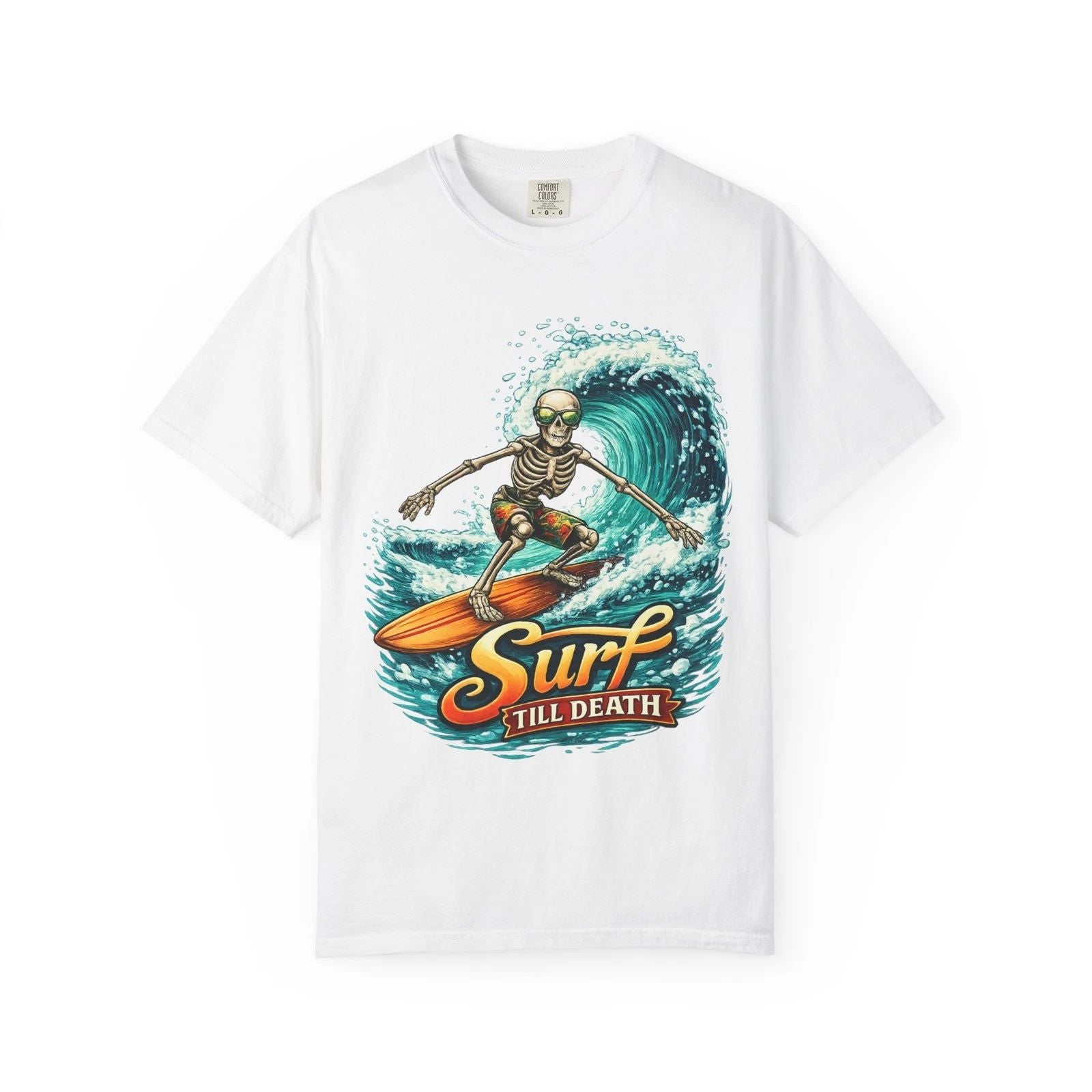 Skeleton Surfing 'Surf Till Death' T-Shirt | Skull Surfer Tee