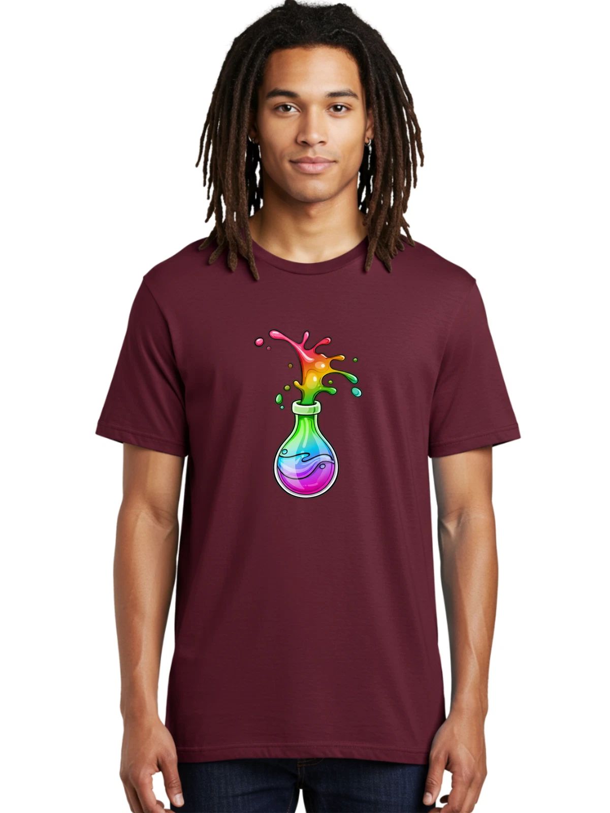 Rainbow-Potion-Bottle Mens Graphic Tee, 100% Cotton, Casual Summer Wear
