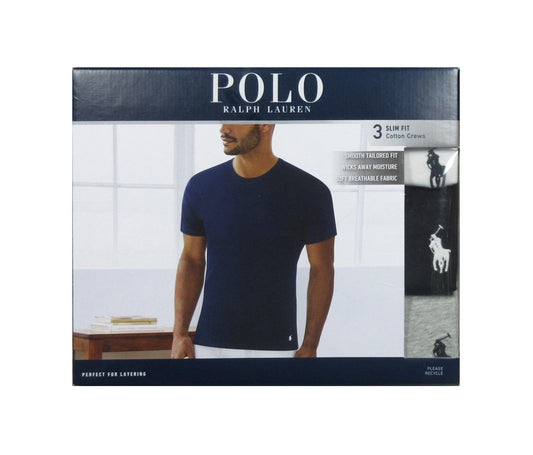Polo Ralph Lauren Men's White-Black-Grey Slim Fit Crew-Neck 3 Pack T-Shirts (L)