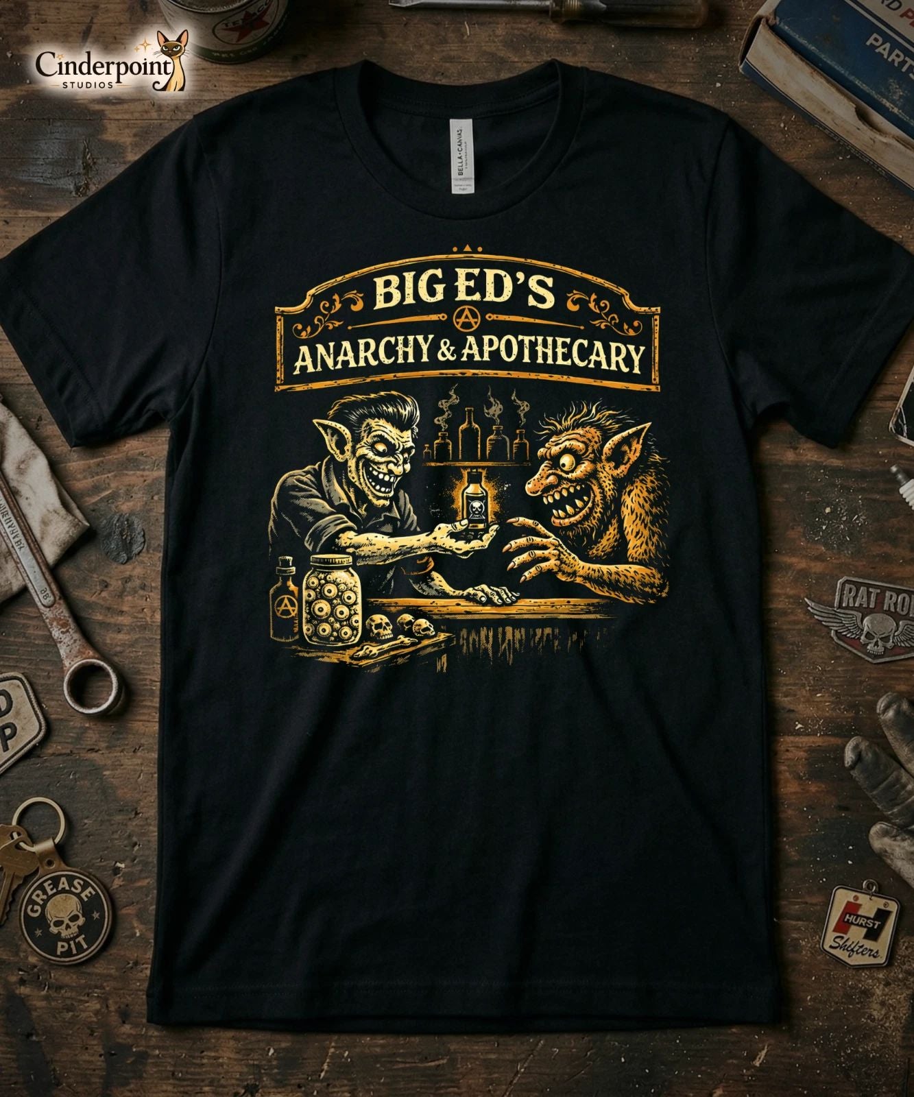 Big Ed's Anarchy Apothecary T-Shirt Retro Horror Graphic Tee Vampire Goth XS-5X