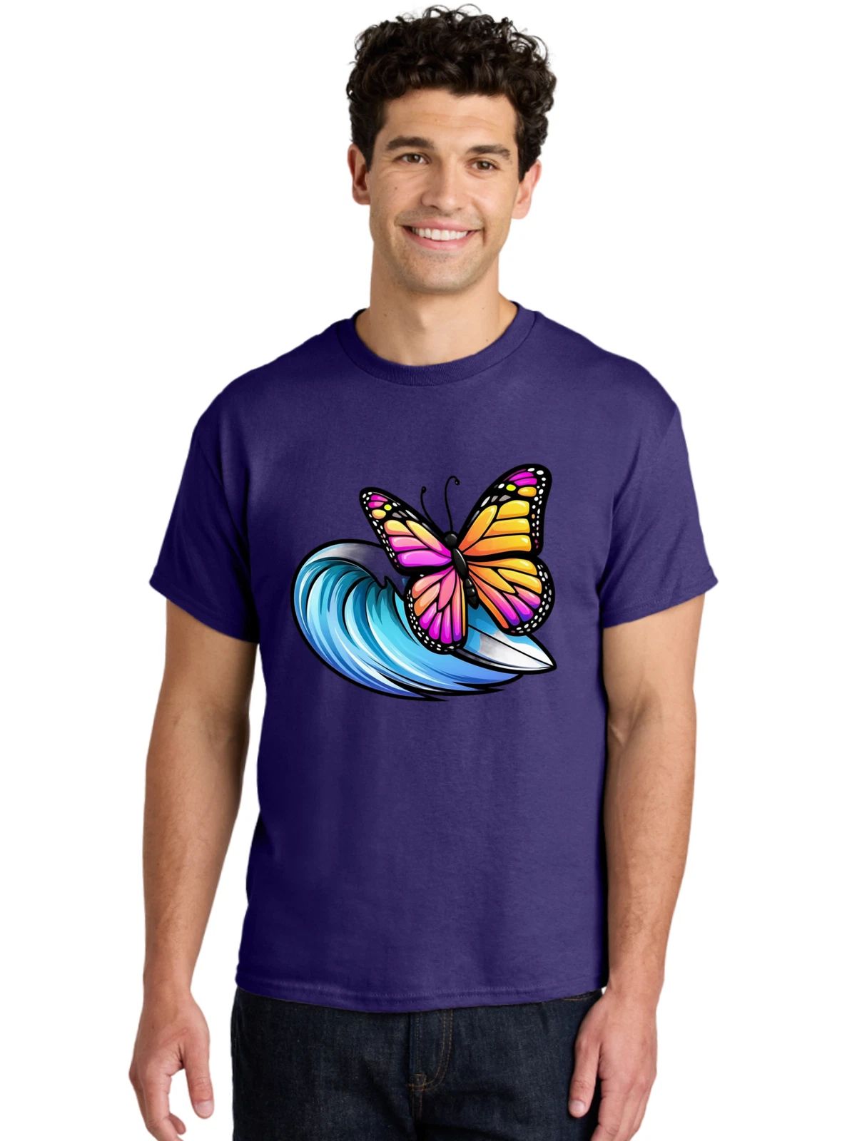 Butterfly-Surfing-Wave Mens Graphic Tee, 100% Cotton, Casual Summer Wear