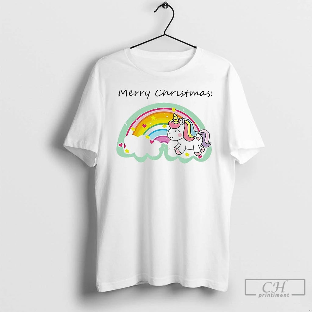 Classic Rainbow Unicorn Merry Christmas Cloud Magic White T Shirts