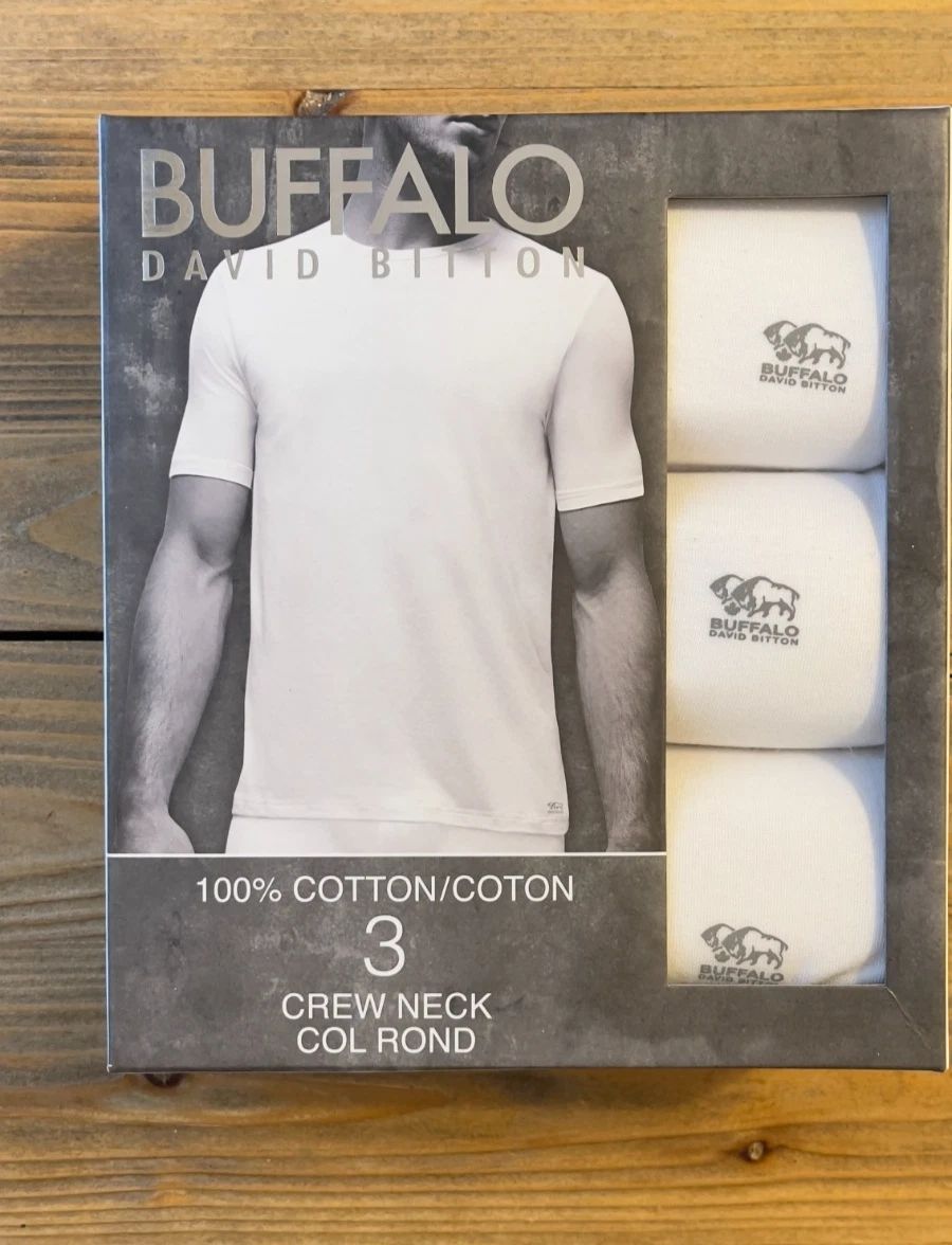 3-Pack Buffalo David Bitton Men White Crew Neck T-Shirt 100% Cotton, S, M, L