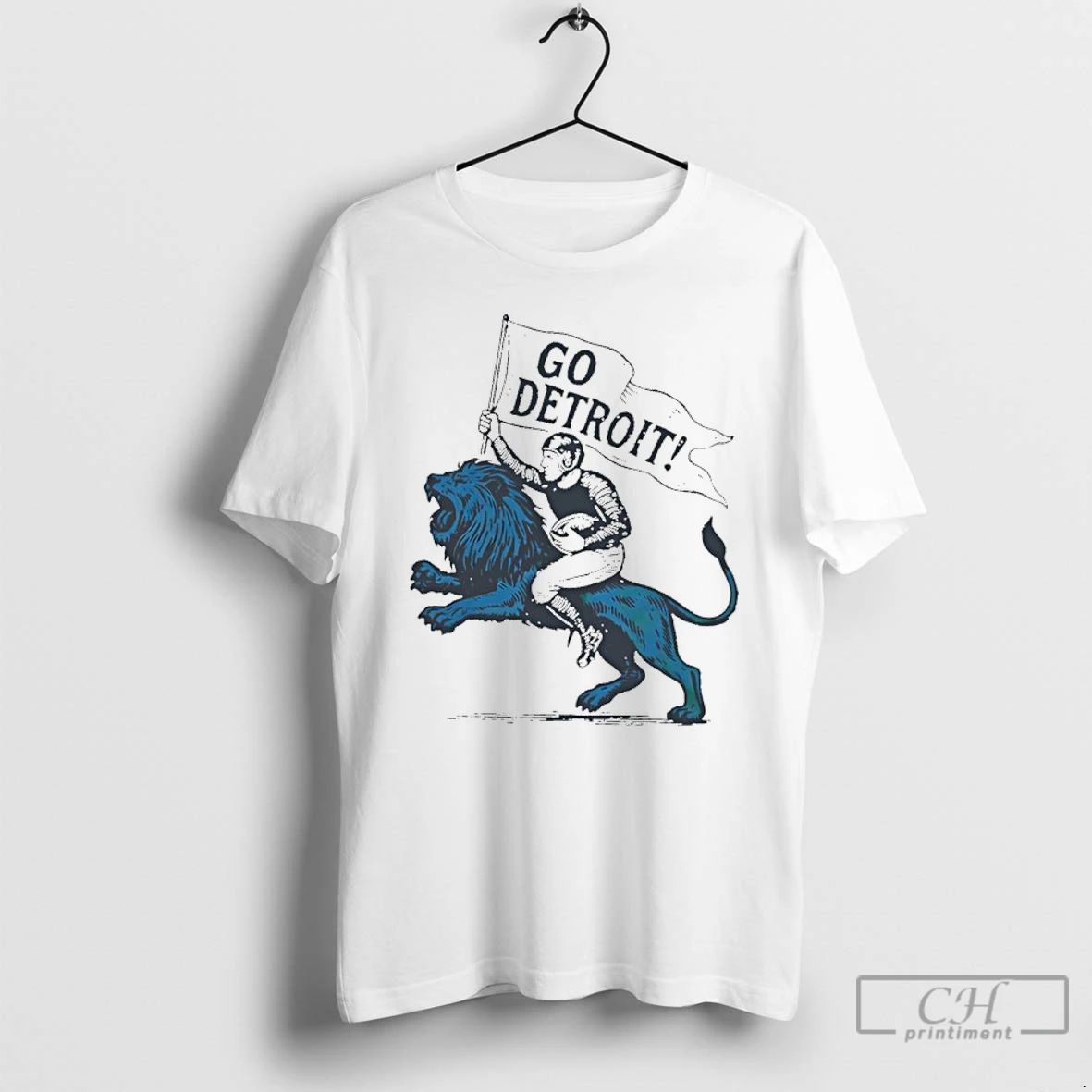 Classic Detroit Lions Player Riding Lion Go Detroit Graphic T Shirts