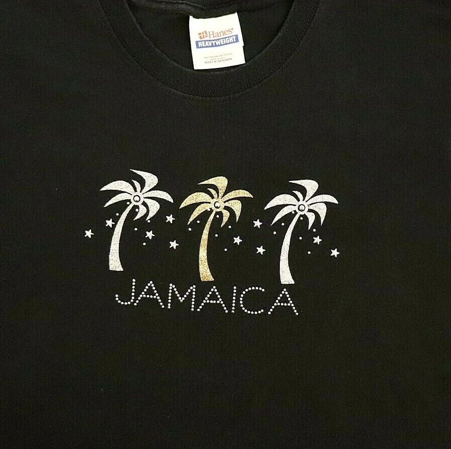 Jamaica Embelished Hanes T-shirt M Medium Black Palm Trees 100% Cotton Travel