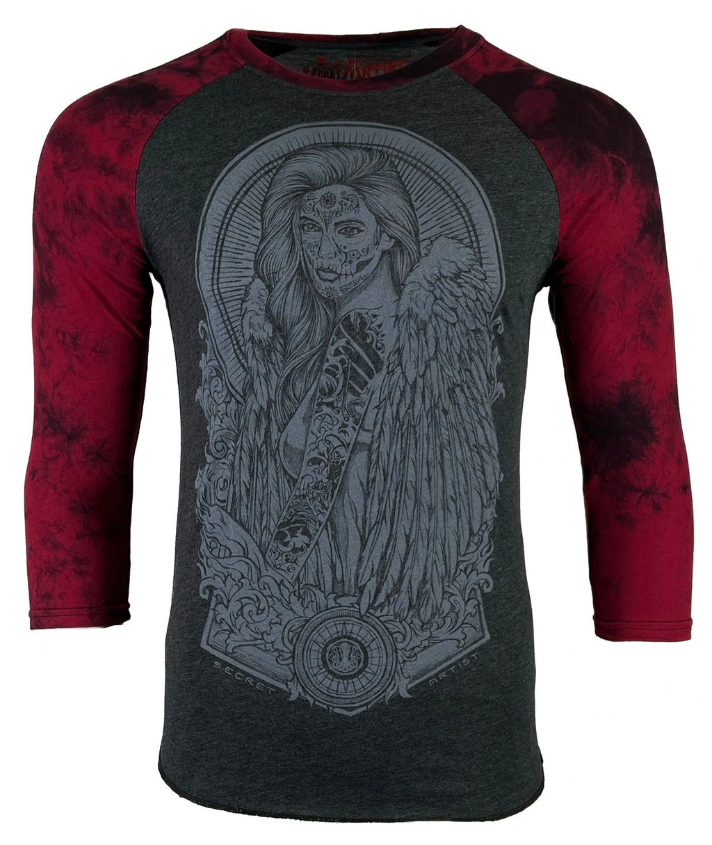 Secret Artist by Affliction Men's T-shirt SUGAR ANGEL SKETCH 3/4 Raglan