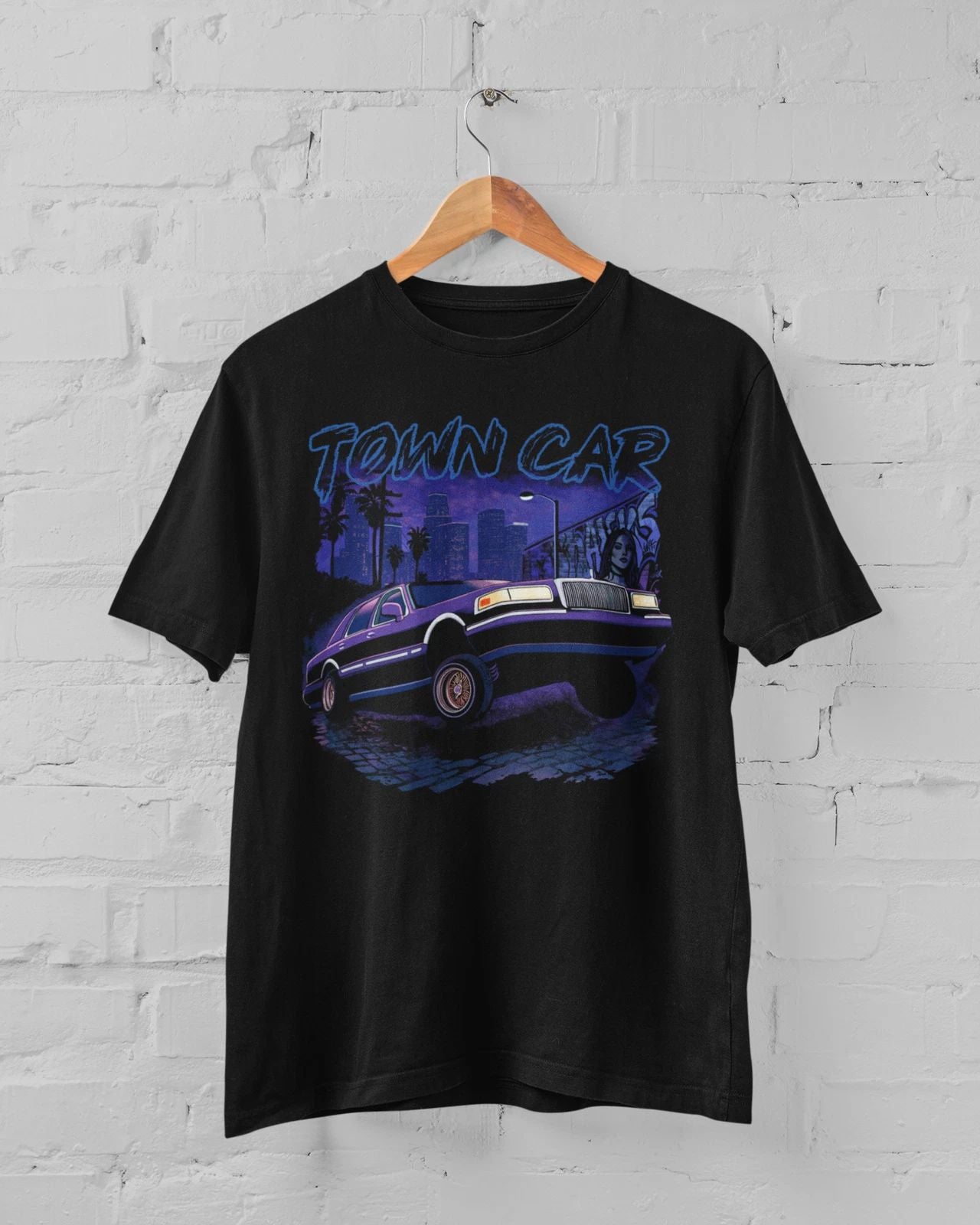 Lincoln Town Car Blue Lowrider Black Tshirt Unisex Cotton