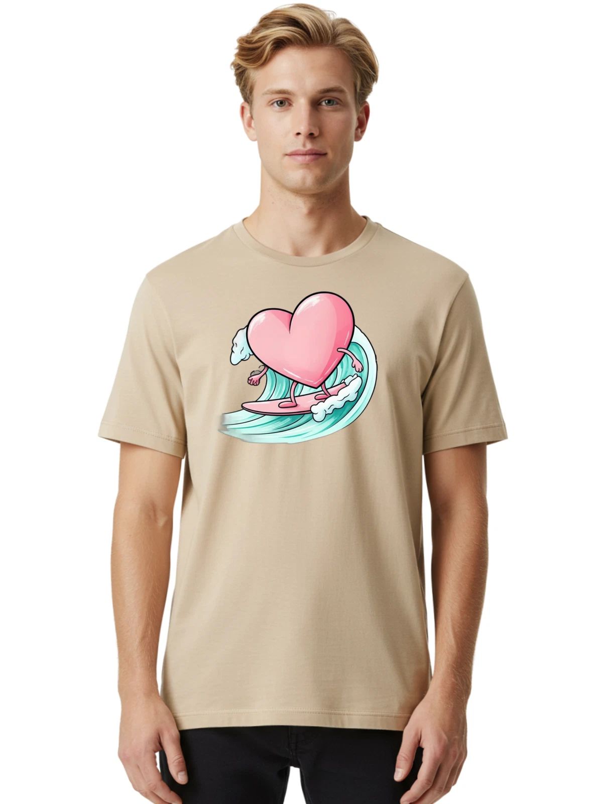 Heart-Surfing-2 Mens Graphic Tee, 100% Cotton, Casual Summer Wear