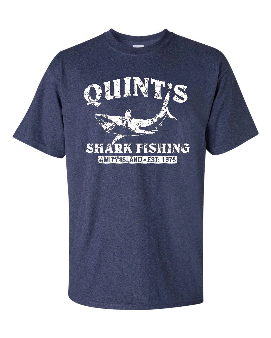 QUINT'S SHARK FISHING Jaws RETRO Amity Heather Navy Men's Tee Shirt 1206
