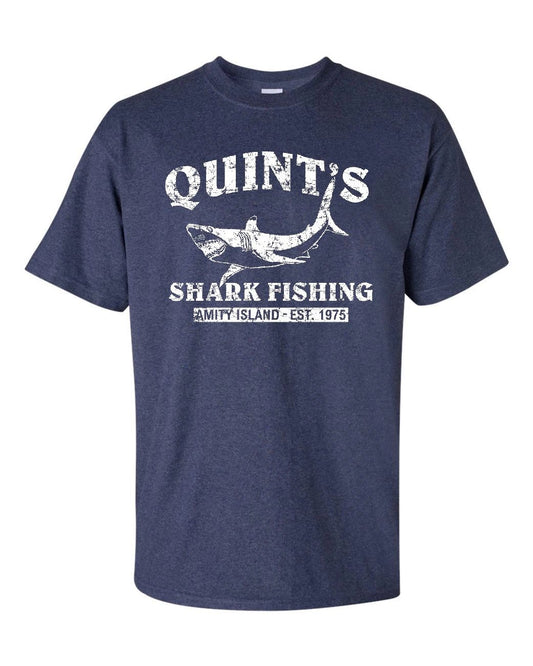 QUINT'S SHARK FISHING Jaws RETRO Amity Heather Navy Men's Tee Shirt 1206