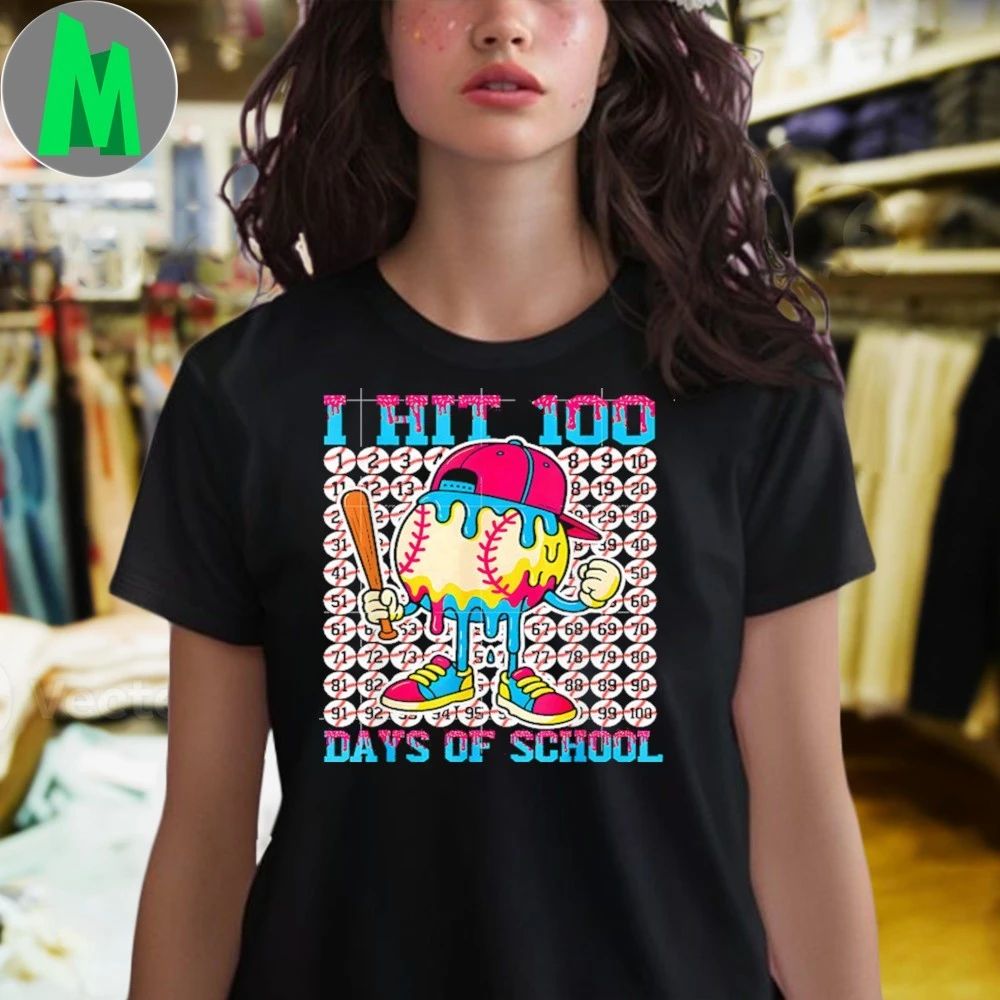 Original Baseball Ice Cream Drip, I Hit 100 Days Of School T-Shirt