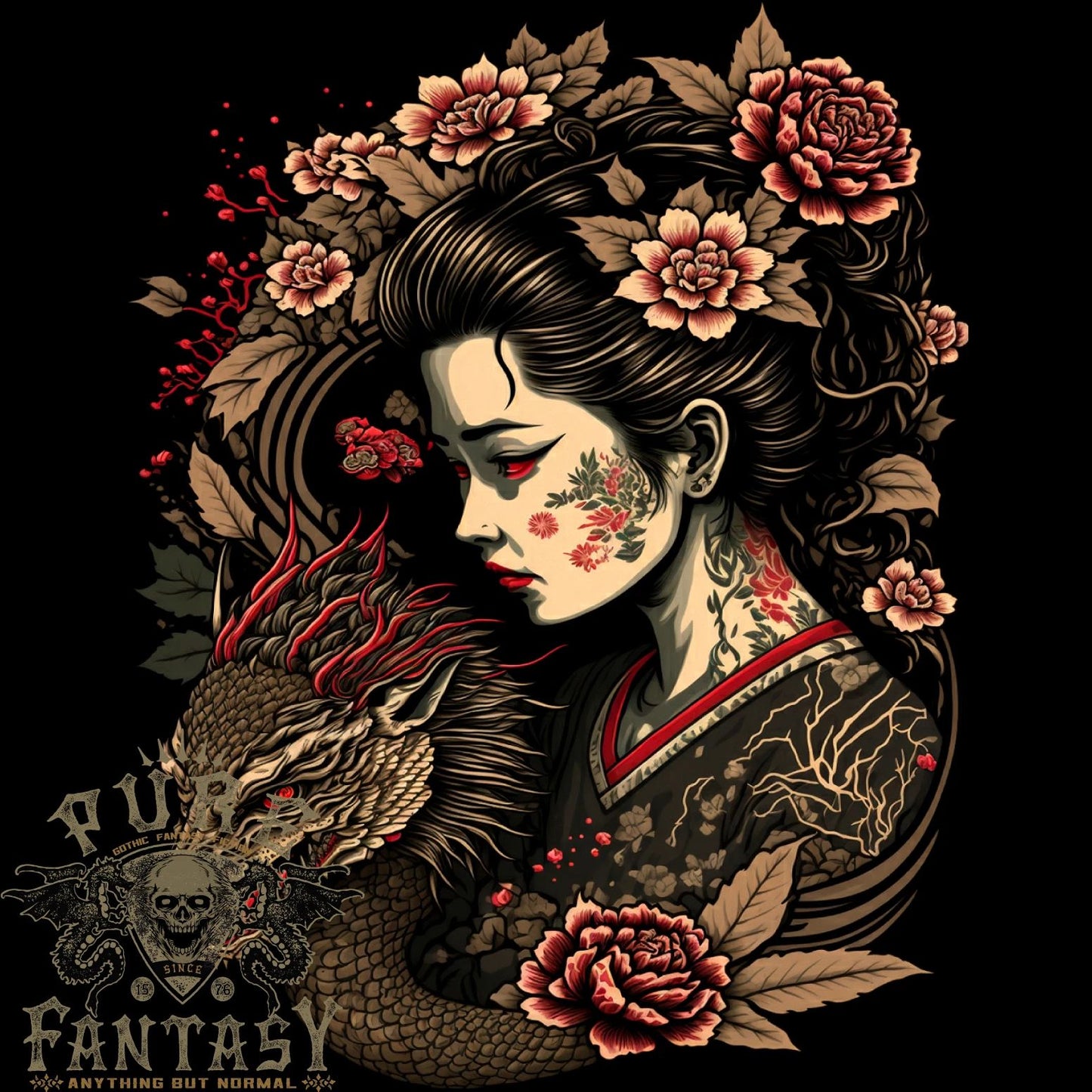 Geisha Girl With Dragon & Roses Fantasy Mens Light Cotton T-Shirt