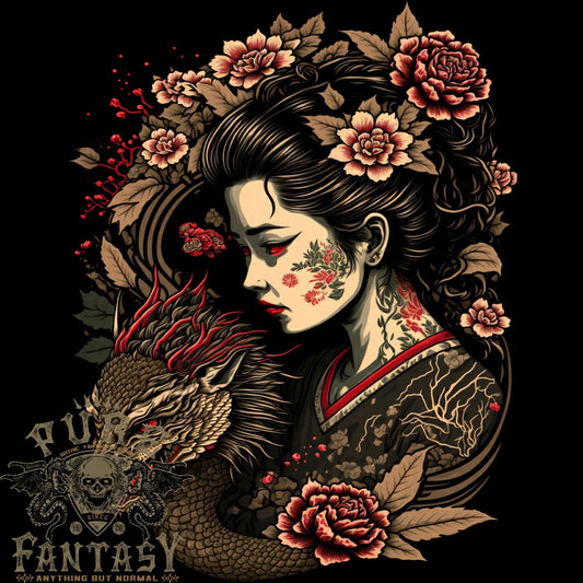 Geisha Girl With Dragon & Roses Fantasy Mens Light Cotton T-Shirt