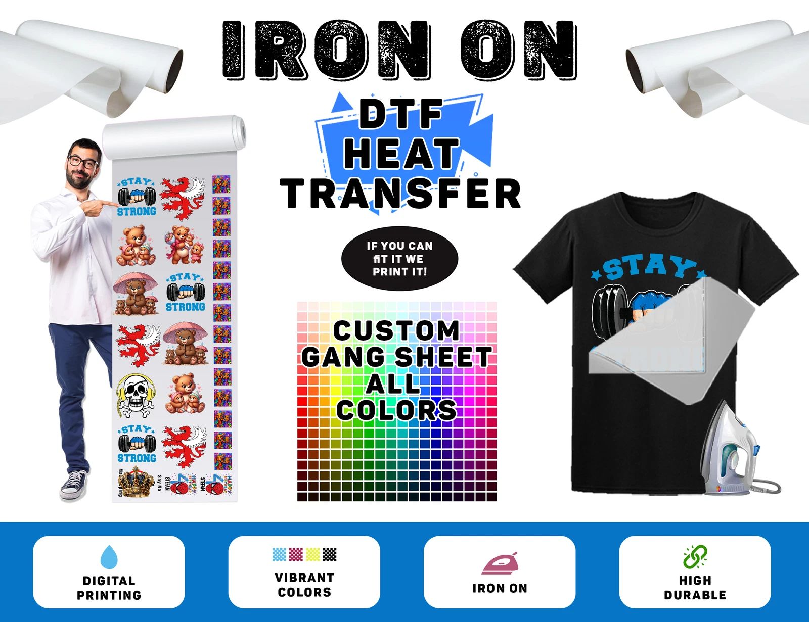 Custom Text Iron On T-Shirt Personalised DTF Heat Transfer Image Logo 2T1A0