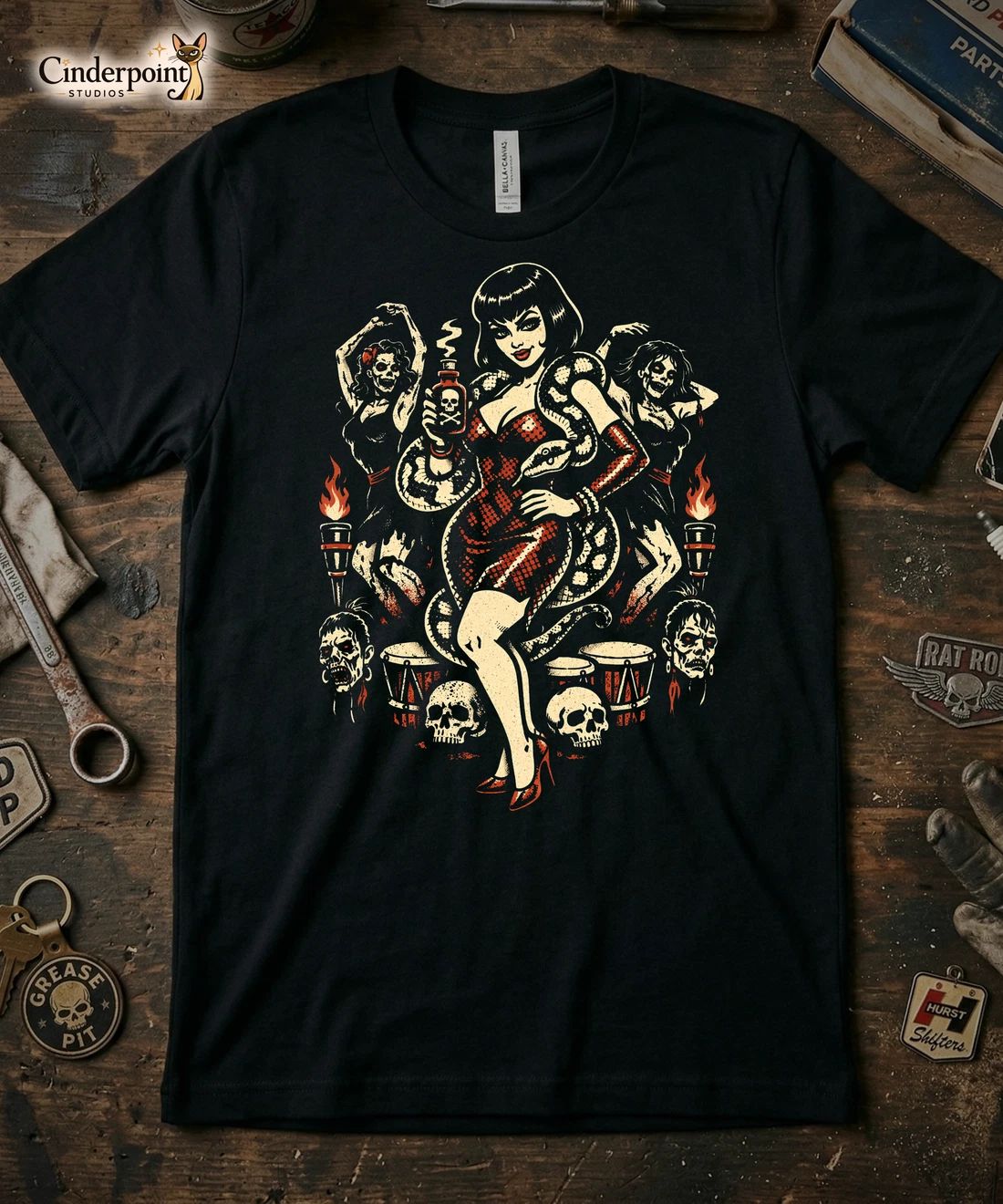 The Voodoo Vixen & Zombie Dancers T-Shirt XS-5X - Retro Pinup Goth Girl & Poison