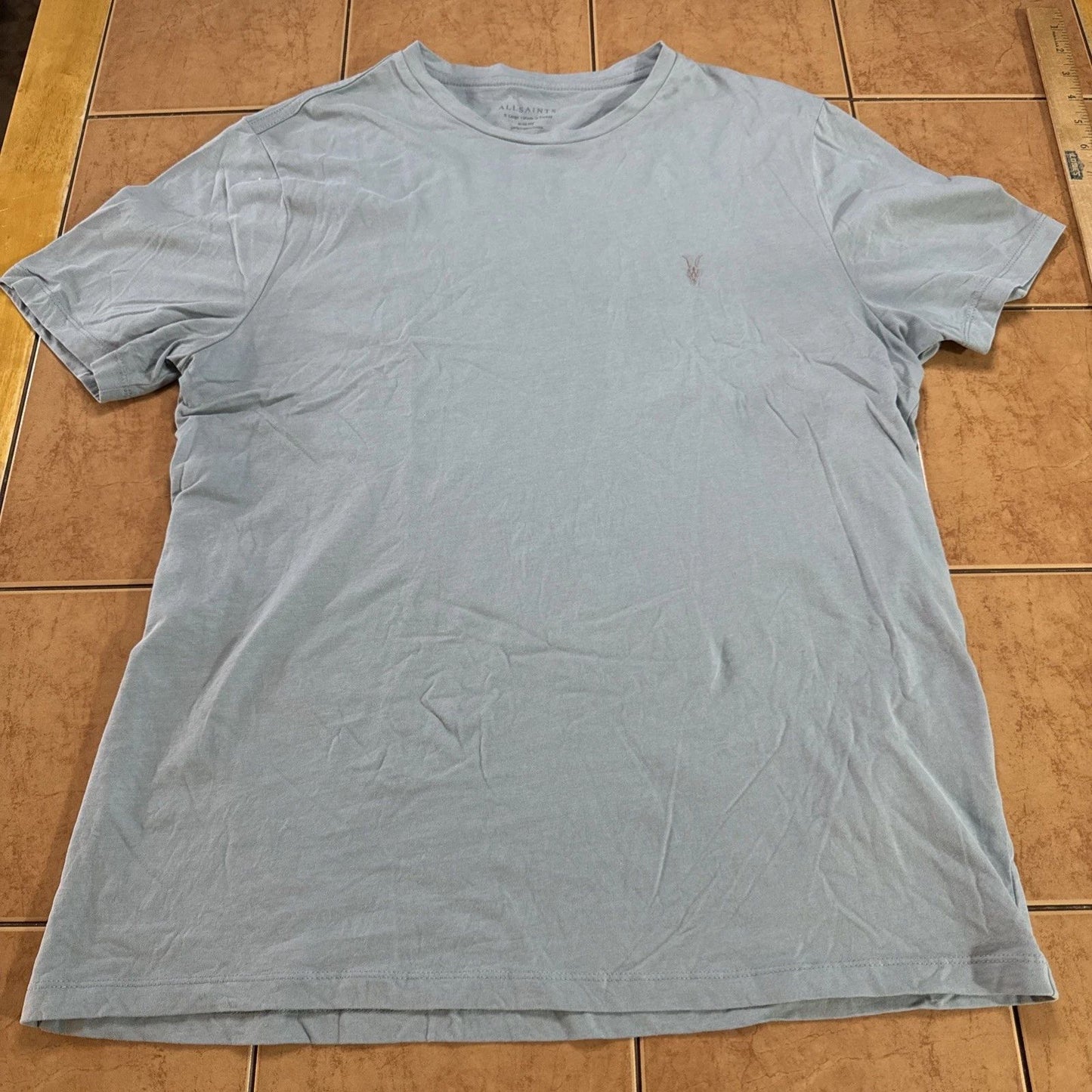 AllSaints Men's Sz XL Slim Fit Blue Embroidered Logo Brace T Shirt Crew Neck