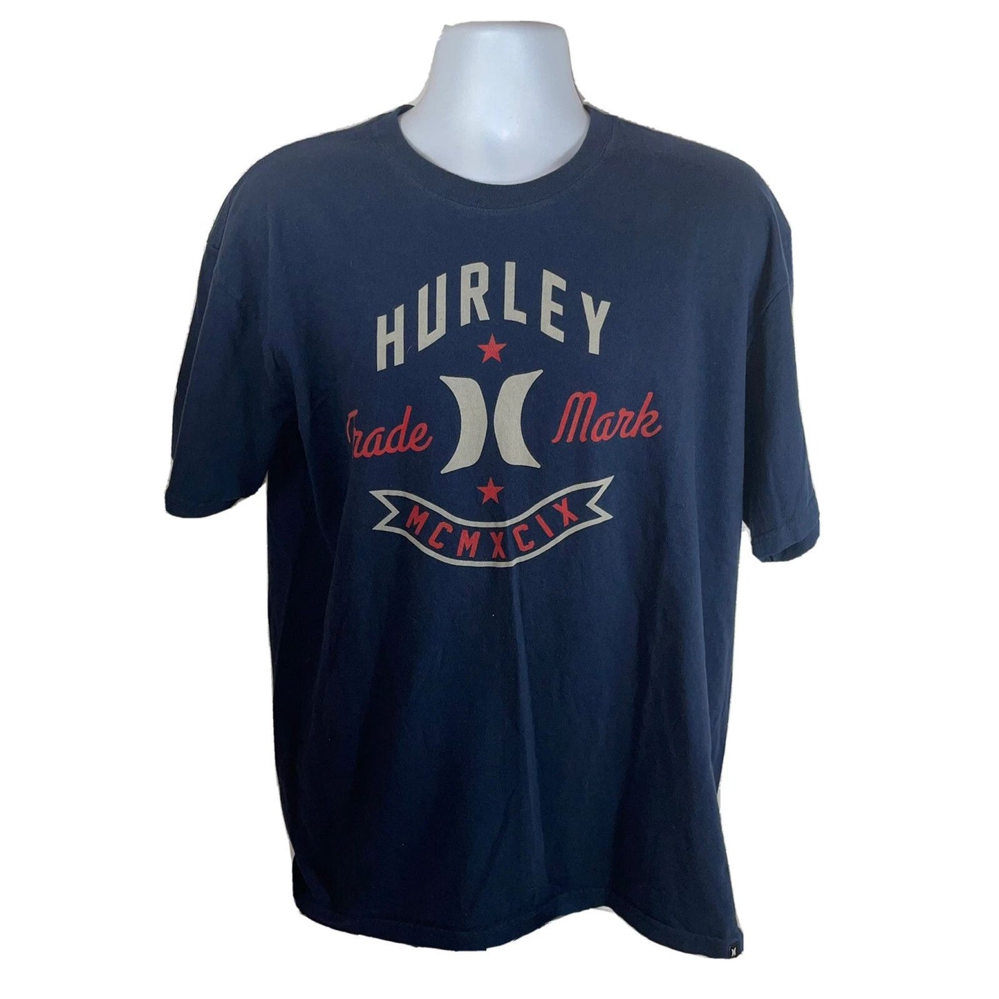 HURLEY T SHIRT Mens XL Navy Blue Logo Surfing Brand Front Graphic Trade Mark EUC