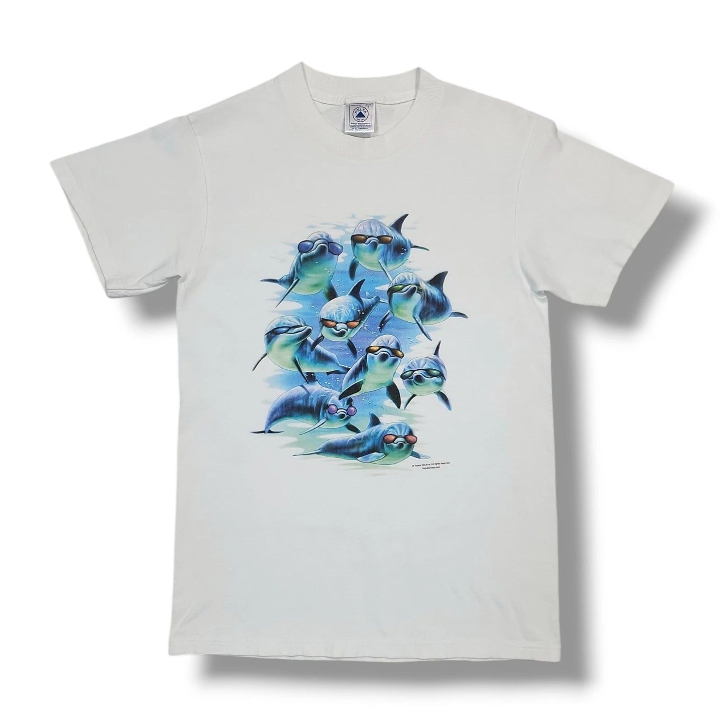 Vintage Royce McClure Dolphins With Sun Glass White Y2K Delta T-Shirt Size Small