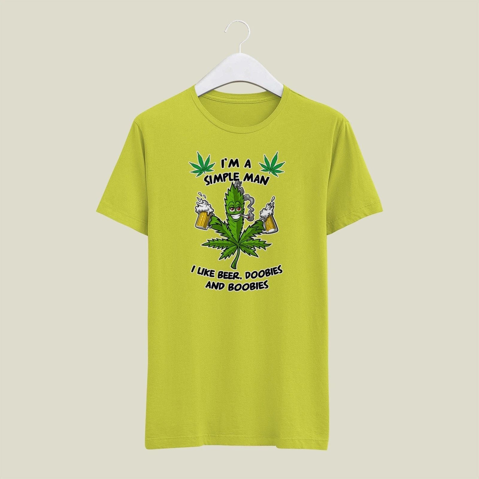 Yellow SMALL  Mens Gildan T Shirt Simple Man Beer Doobies Boobies 420 Weed