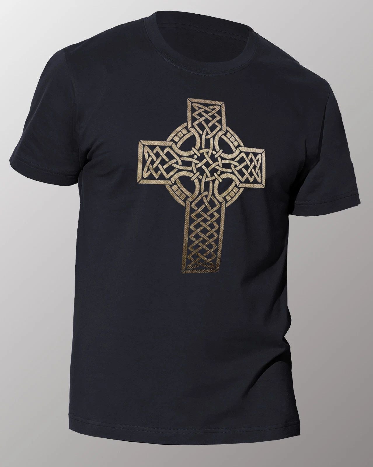 CELTIC CROSS GOLD FOIL DESIGN RINGSPUN COTTON T-SHIRT GOTH TRIBAL CRUCIFIX KNOT