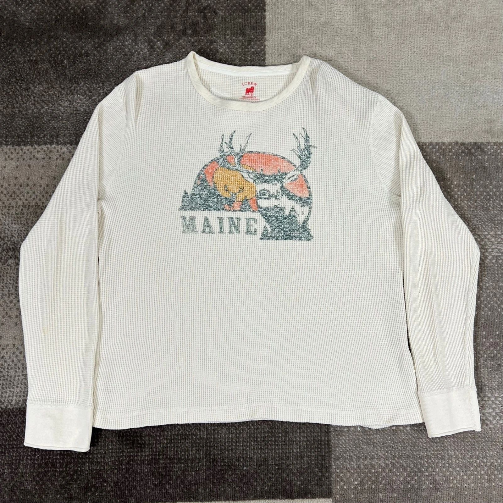 J Crew Broken In Mens Long Sleeve Thermal T Shirt Deer Maine XL Waffle Knit