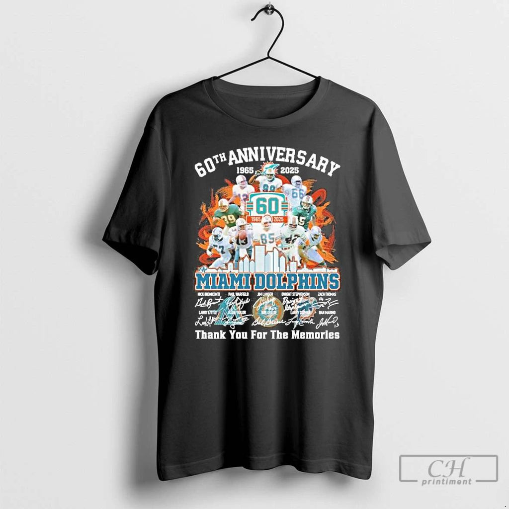 Premium 60th Anniversary 1965 2025 Miami Dolphins Team Signatures T Shirts