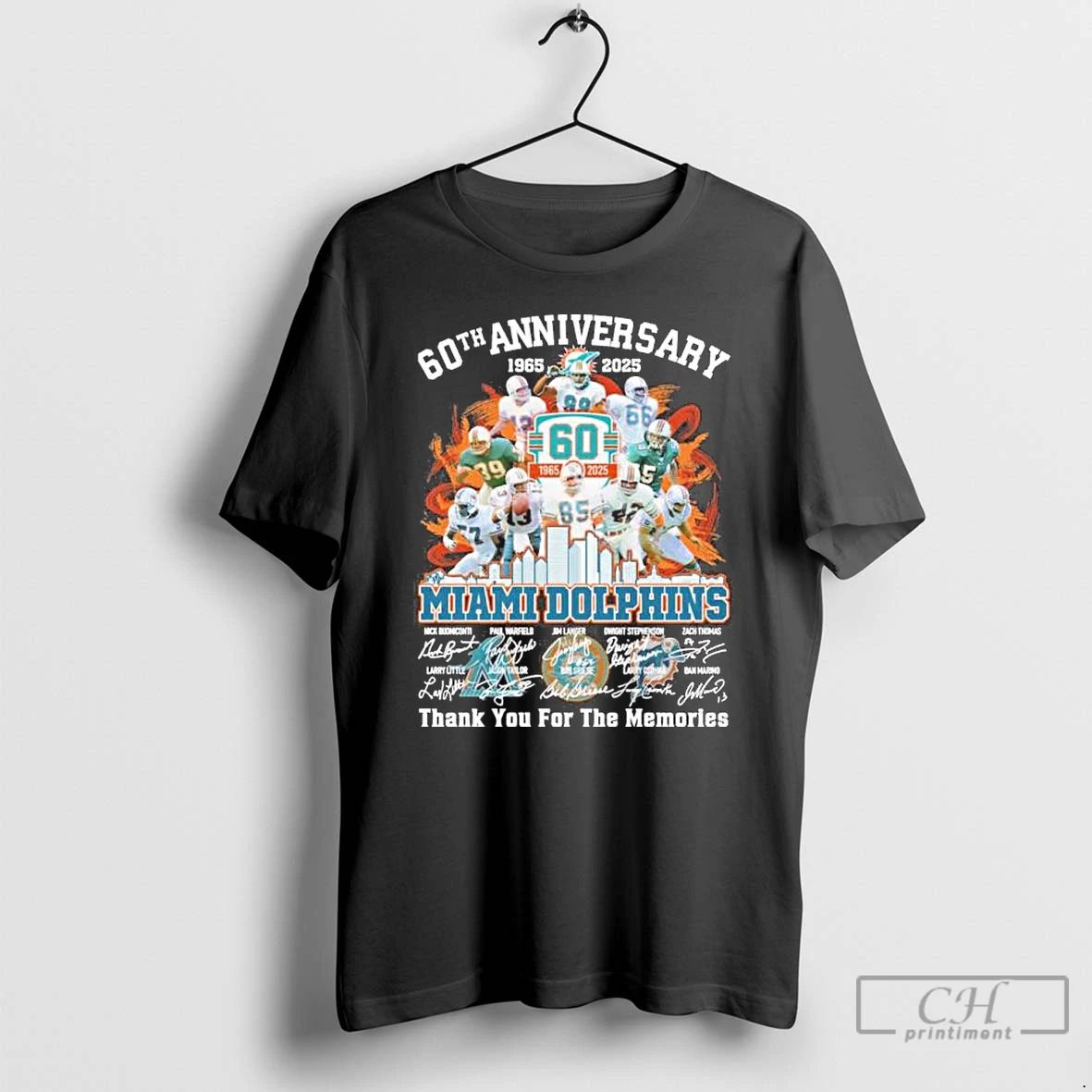 Premium 60th Anniversary 1965 2025 Miami Dolphins Team Signatures T Shirts