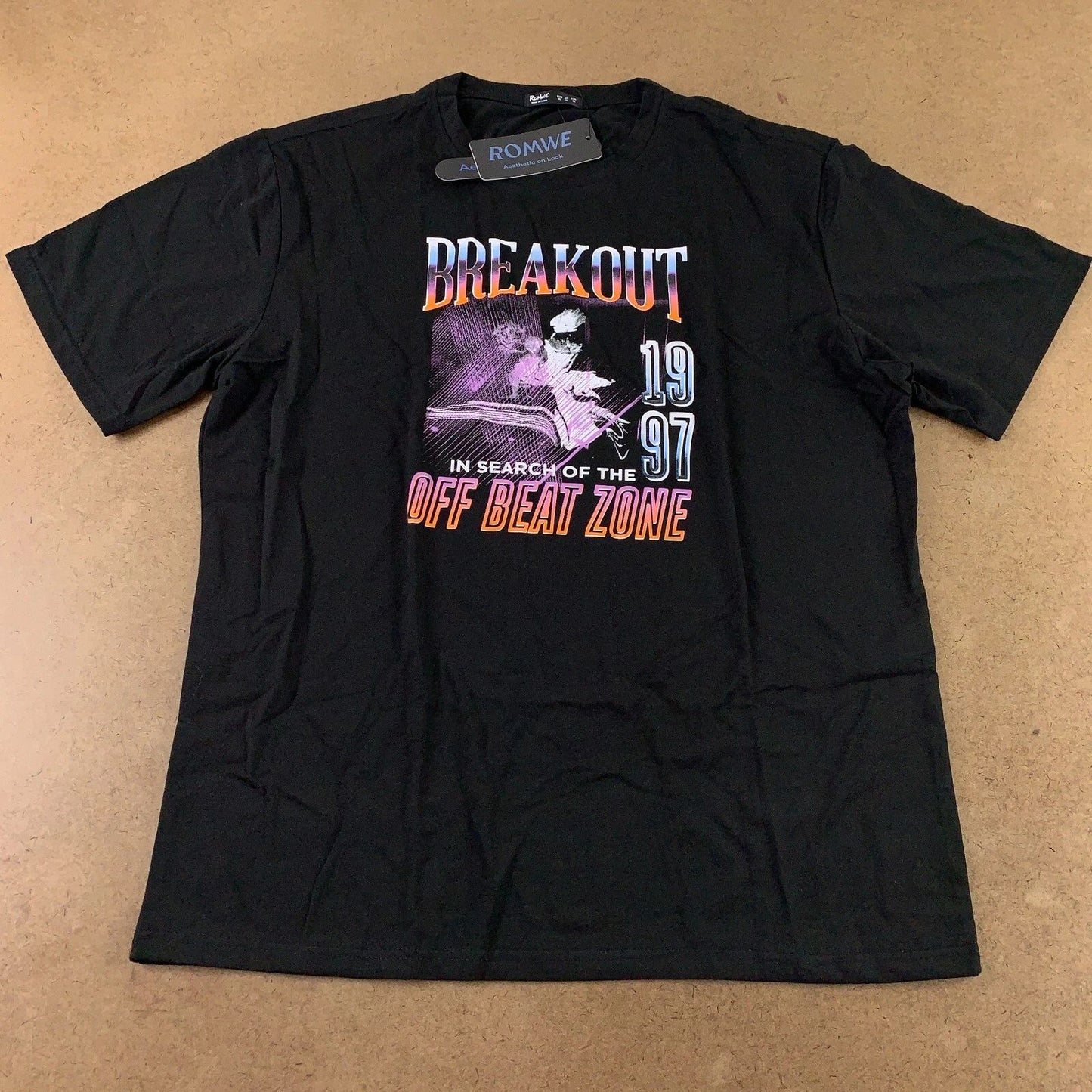 ROMWE Men's Size XL Black Breakout Off Beat Zone Short Sleeve Graphic Tee NWT
