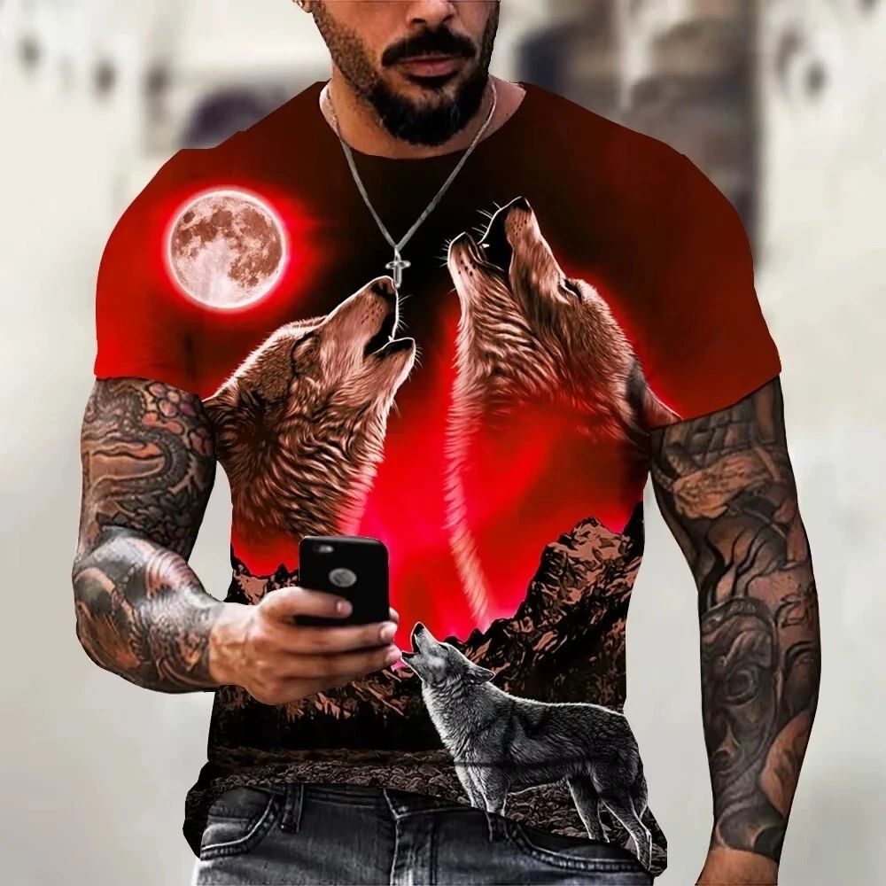 Wolf T Shirt Men 3D Animal Print Oversized Vintage Streetwear Tee Top