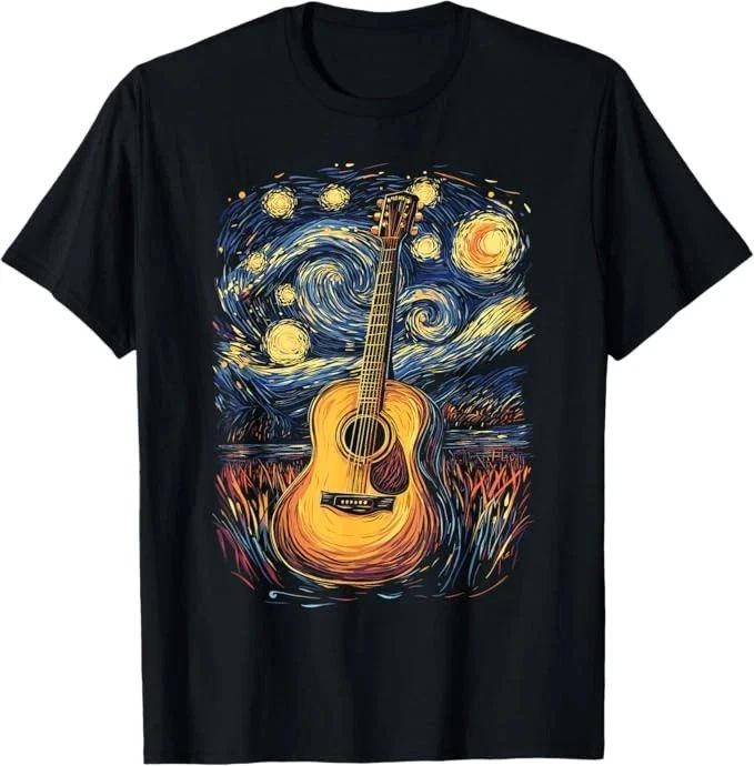 Starry Night Painting Style Acoustic Guitar Shirt Colorful Sky Music Artist Tee