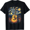 Starry Night Painting Style Acoustic Guitar Shirt Colorful Sky Music Artist Tee