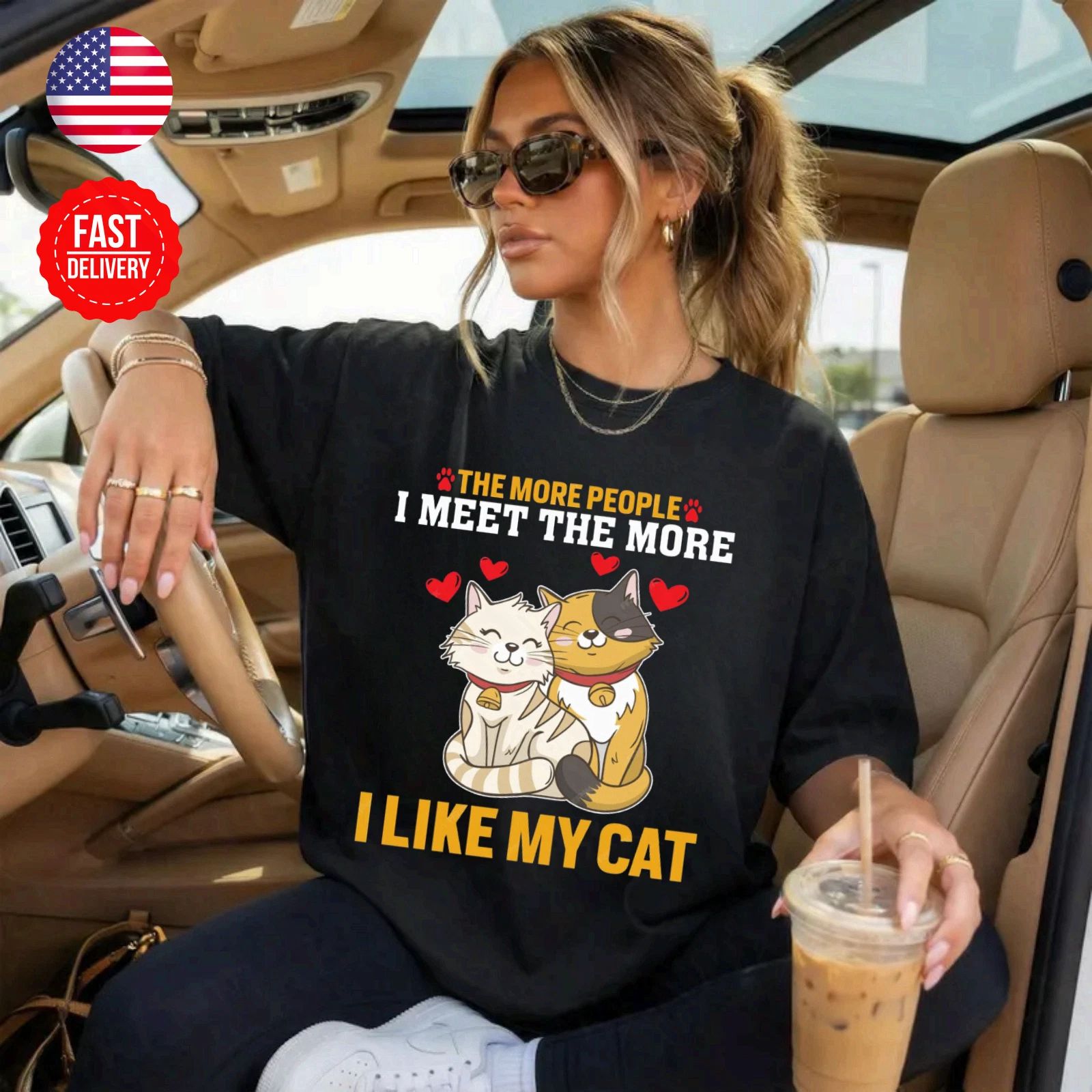 Cat Couple Love T-Shirt Cute Kitty Lover Gift Graphic Tee S-4XL