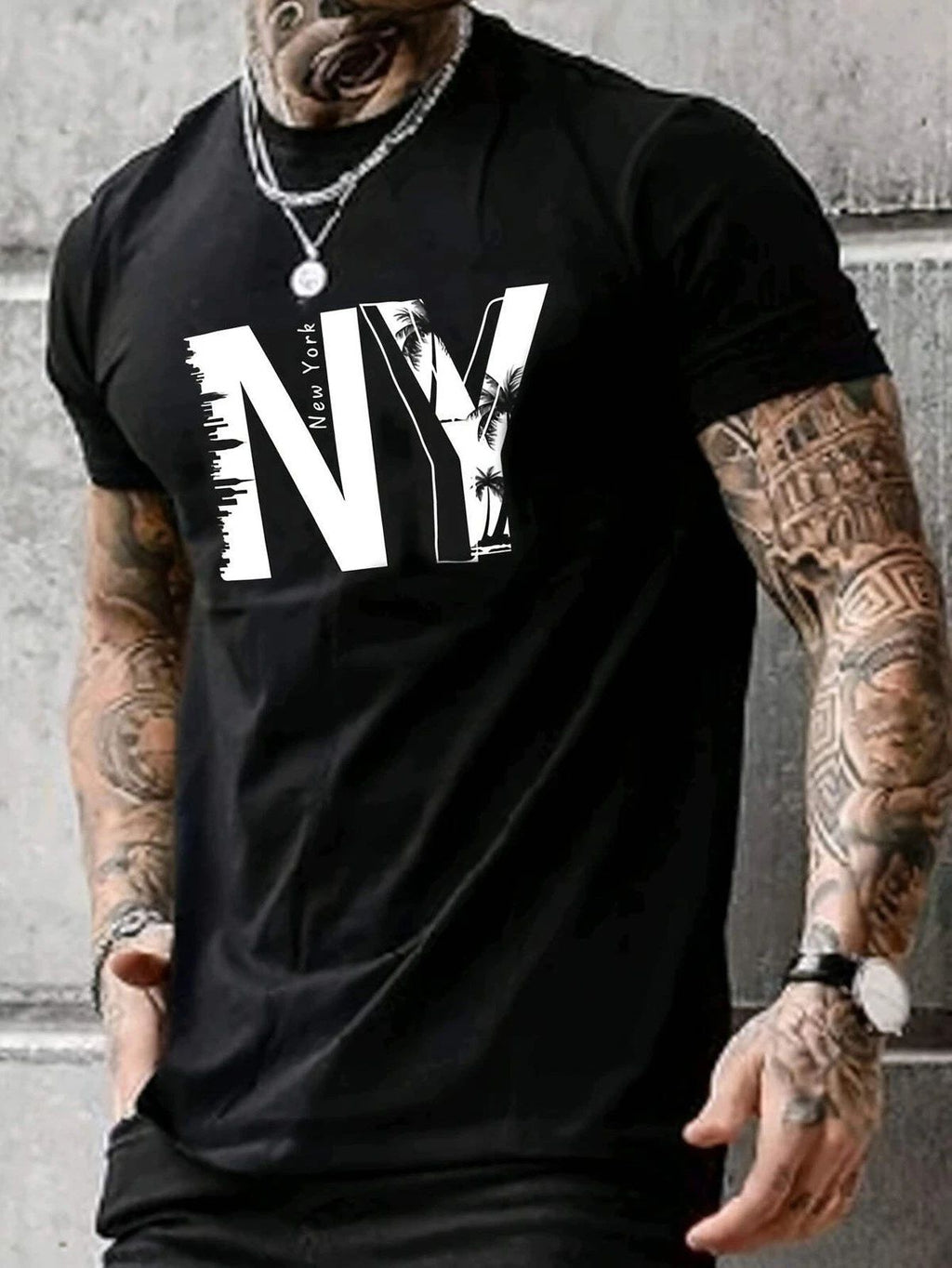 NY Printed Men's Chic Short Sleeved Round Neck T-shirt, Summer Outdoor, Beach Va