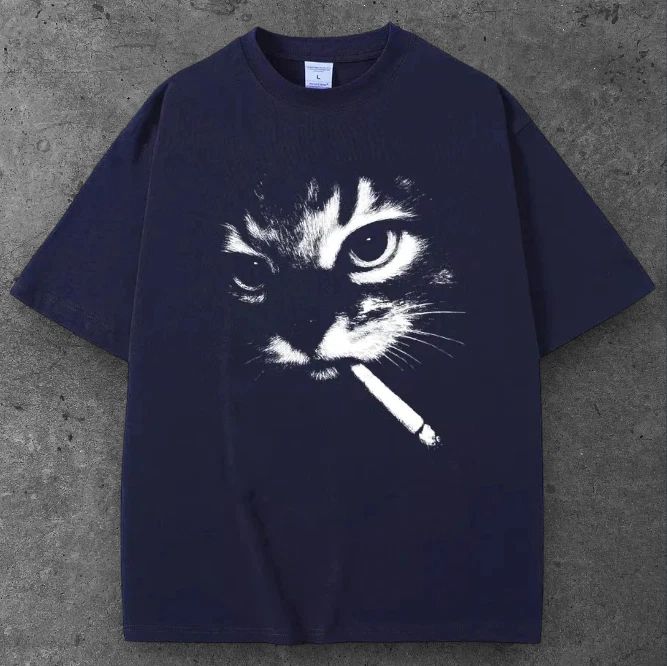 Unisex Cigarette Smoking Cat  Oversized T Shirt Blue Y2K Grunge Streetwear S-2XL
